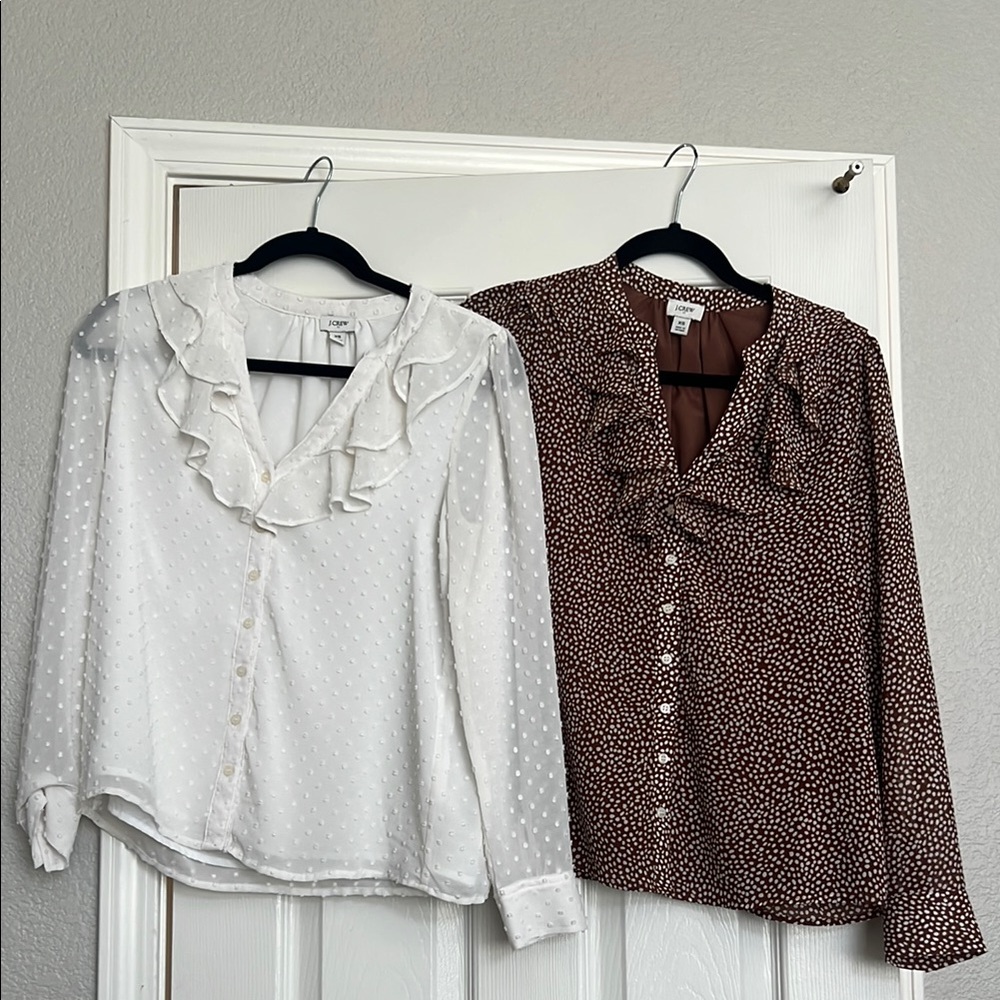 Elegant White and Brown Ruffle Blouse Set J. Crew XS